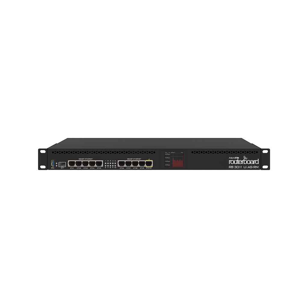 Router Board, 1U, montaje en rack, 10xGigabit Ethernet, SFP, USB 3.0, LCD, salida PoE en el puerto 10, CPU 2x1.4GHz, 1GB RAM, RouterOS L5, marca Mikrotik