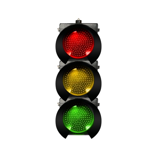 [JD300-3-35-1B] Caja de luz para semaforo, 300 mm rojo/amarillo/verde luces de señalización, lentes transparentes, 85-265 VCA, con carcasa de policarbonato y visera para sol tipo túnel, puerta con cerradura de mariposa, marca Fama