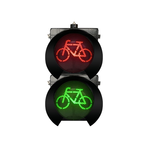 [FJ300-3-25-2B] Caja de luz para semaforo, Luz de señalizacion para Bicicleta color verde y rojo de 300 mm, lente transparente, 85-265 VCA, con carcasa de policarbonato y visera para sol tipo túnel, puerta con cerradura tipo mariposa, marca Fama.