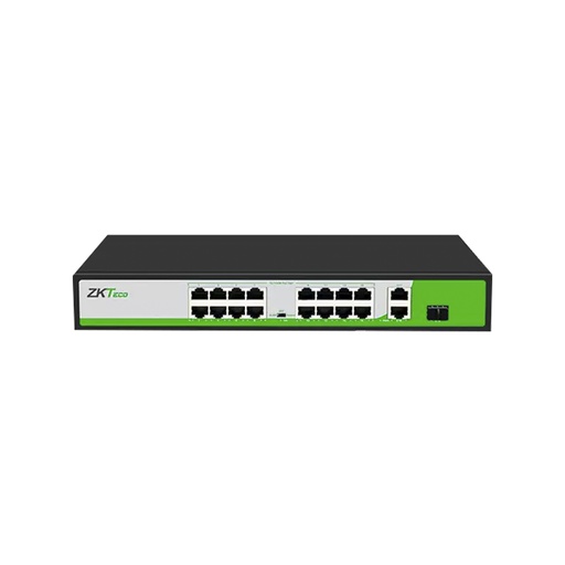 [PE162-200-C] Switch de 16 puertos rj45 10/100 mbps con POE 2 puertos Uplink H(10/100/1000 Mbps) + 1 Uplink SFP modulo optico no administrable compatible con cualquier camara ip onvif soporta hasta 250m de distancia sobre utp cat6, marca ZKTeco
