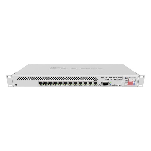 [CCR1016-12G] Cloud Core Router, Montaje en rack de 1U, 12x Gigabit Ethernet, LCD, 16 núcleos x CPU de 1.2GHz, 2GB RAM, 17.8mpps fastpath, Hasta 12Gbit / s de rendimiento, RouterOS L6, Dual PSU, marca Mikrotik