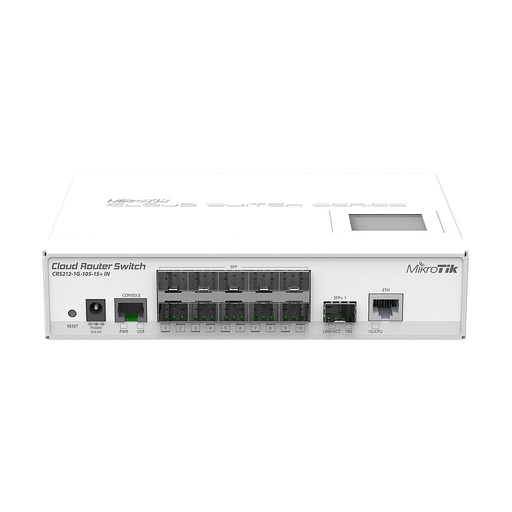 [CRS212-1G-10S-1S+IN] Cloud Router Switch, 1x Gigabit LAN, 10x slot SFP, 1x slot SFP+, LCD, CPU de 400MHz, 64MB RAM, carcasa de escritorio de metal, RouterOS L5, marca Mikrotik